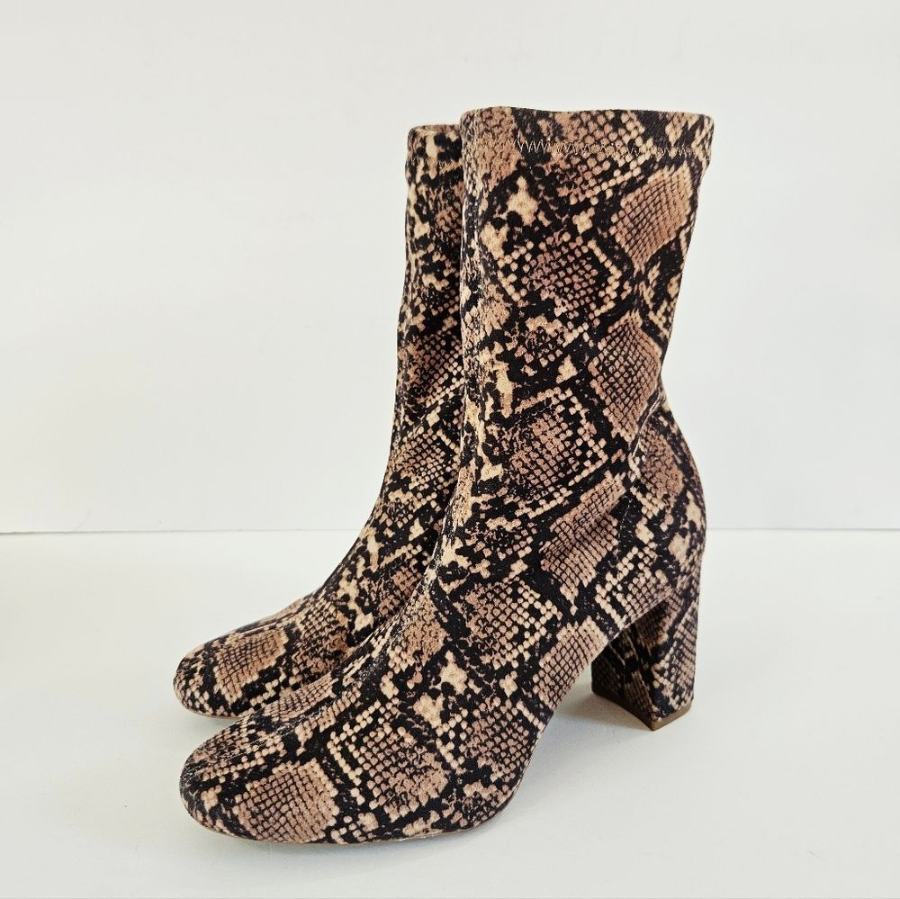 H&M Snake Python Print Faux Suede Block Heel Round Toe Stretchy Sock Boots 7
